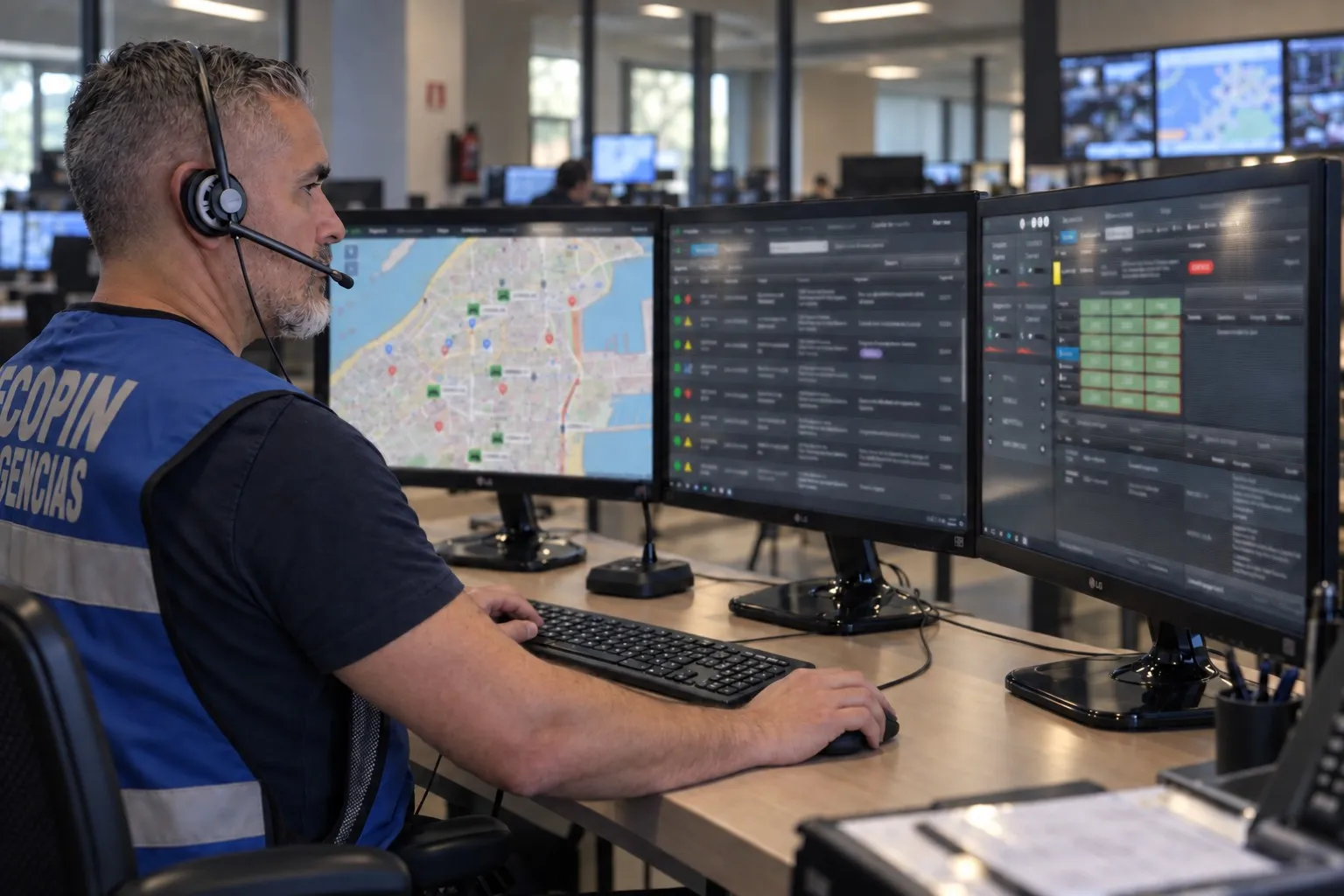Operator with a headset taking a call in front of three monitors running TelyCALL