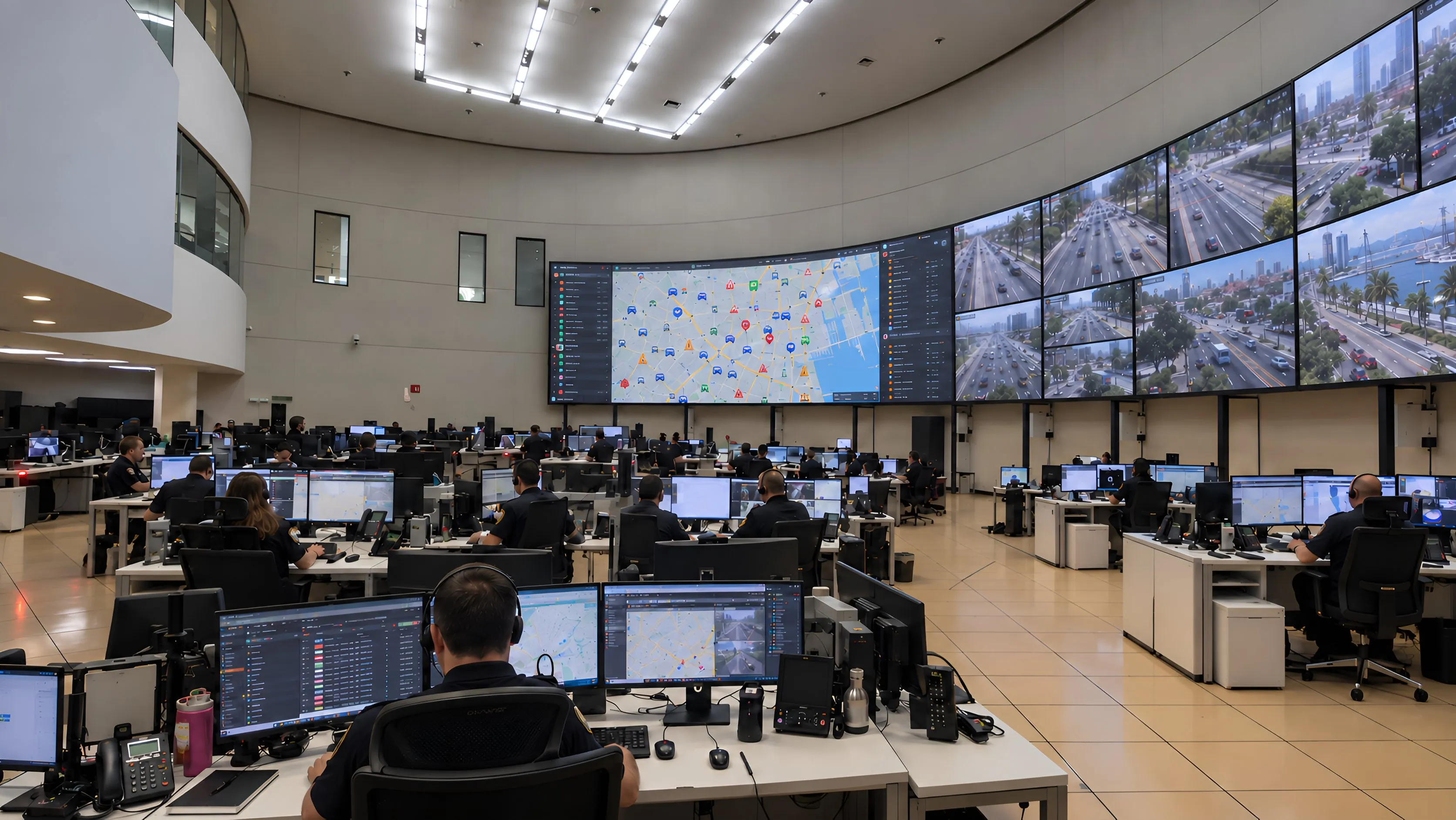 Control room with operators at their workstations and a video wall showing the map and traffic cameras